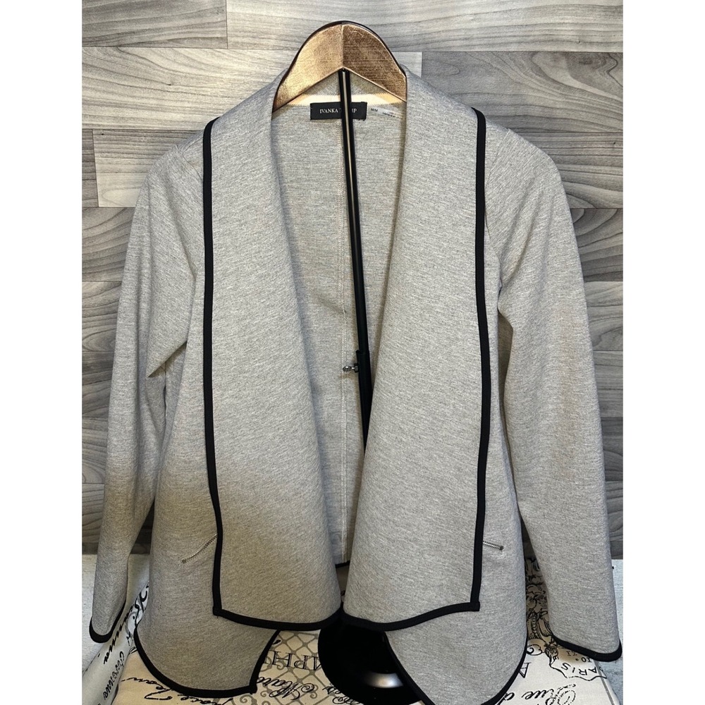 Ivanka Trump Gray Draped Open Front Cardigan Jacket Black Trim Zipper Pockets M